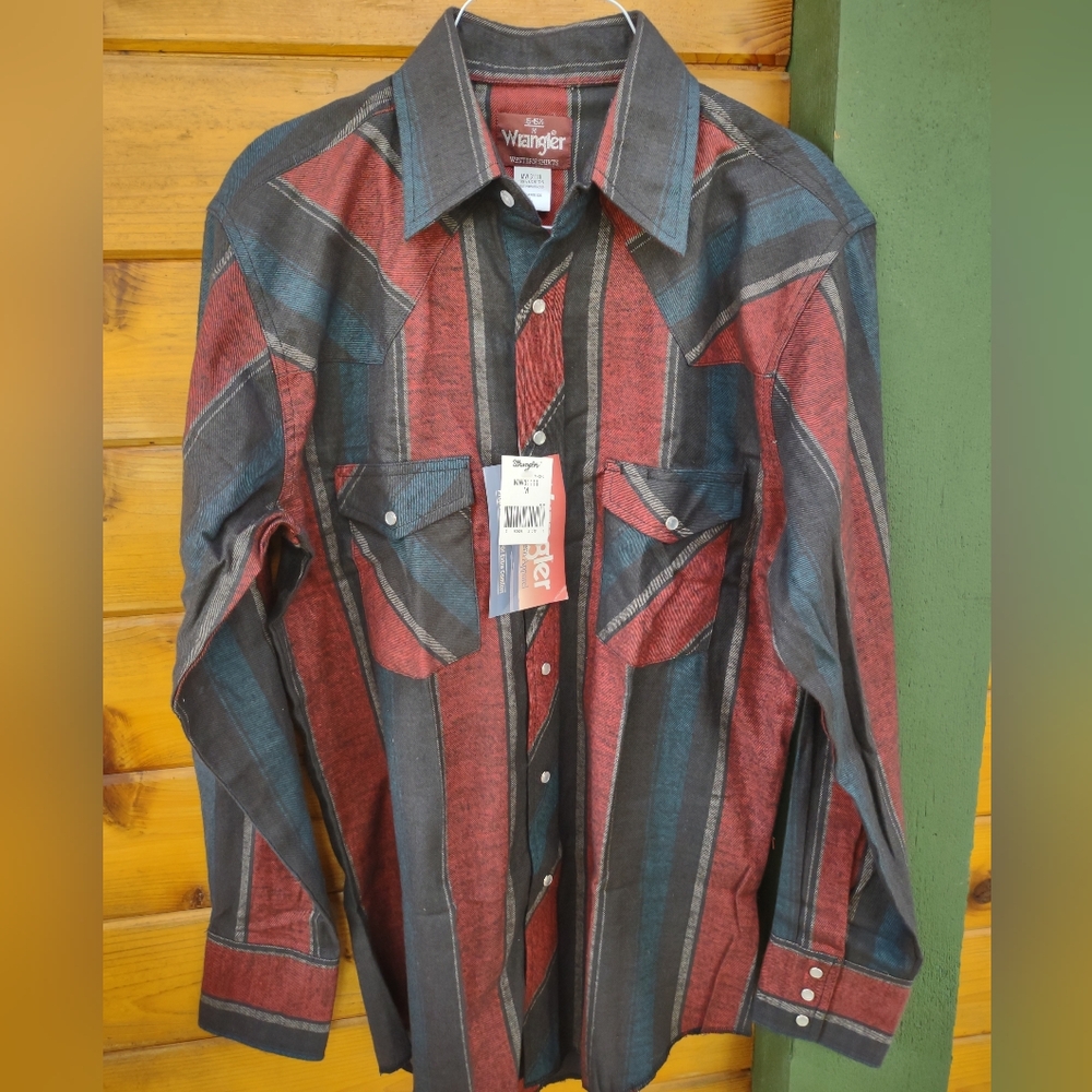 VTG Wrangler Brushpopper Pearl Snap Shirt Red Black Blue Gray M 15/15 1/2 NEW!